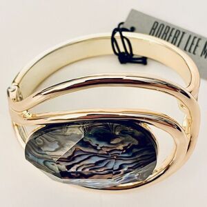 NWT Robert Lee Morris Genuine Gold Plated Abalone Stone Hinged Bangle Bracelet